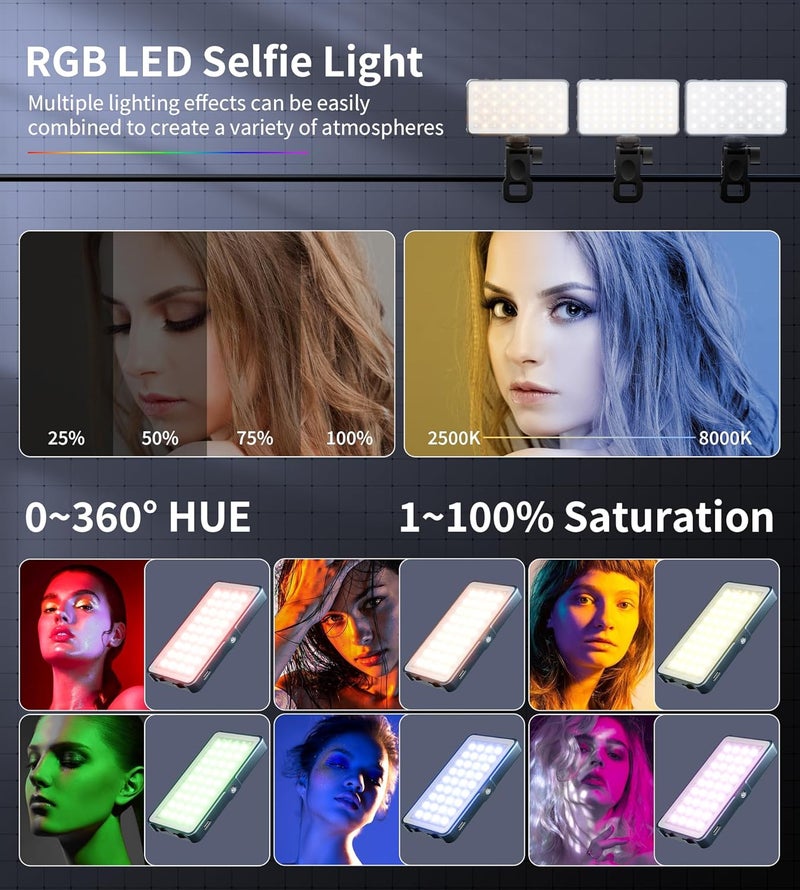 Zecti Selfie Light, 96 LED Phone Light with Metal Hotshoe & Clip, 96+ 2500K-8000K Rechargeable 360° Full Color 21 Scenes RGB Video Light for Phone, iPhone, Laptops, Cameras, Selfie, Video Conference, TikTok - Image 4